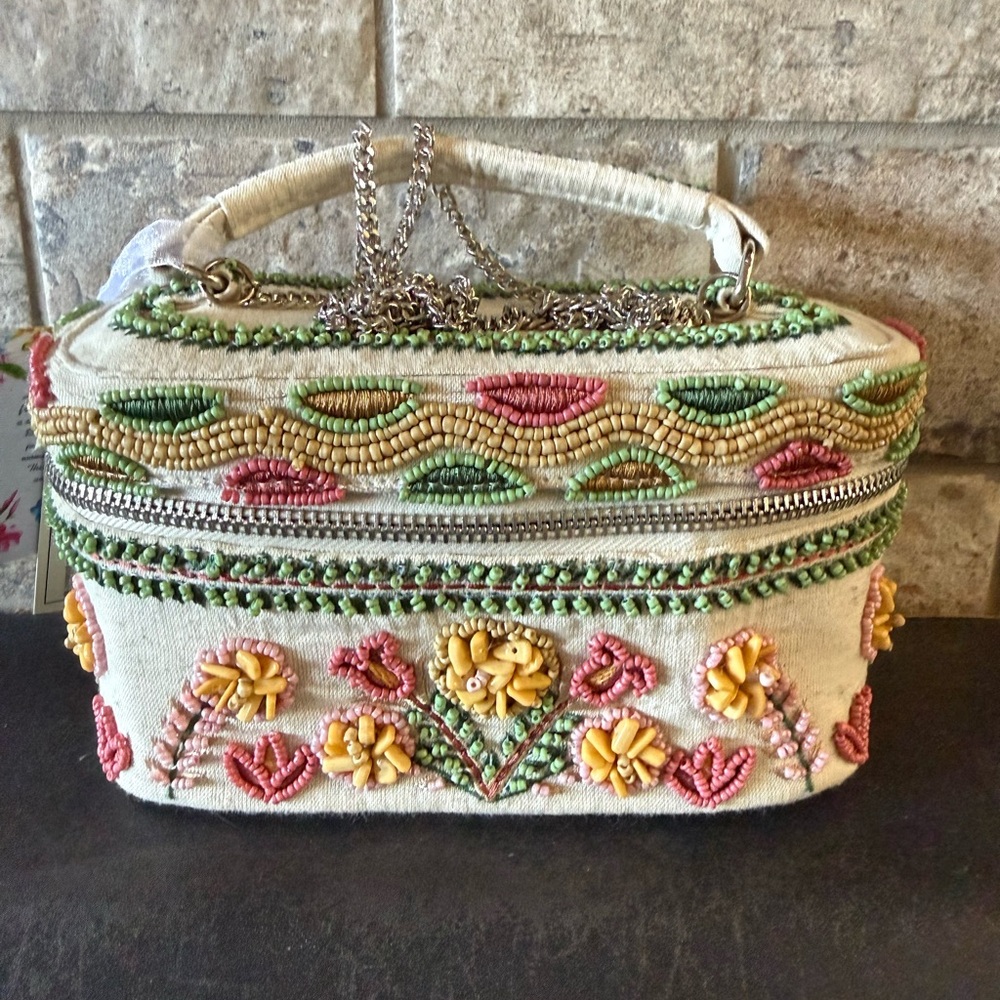 Embroidered Floral Cosmetic Case in Beige with Yellow & Green Accents